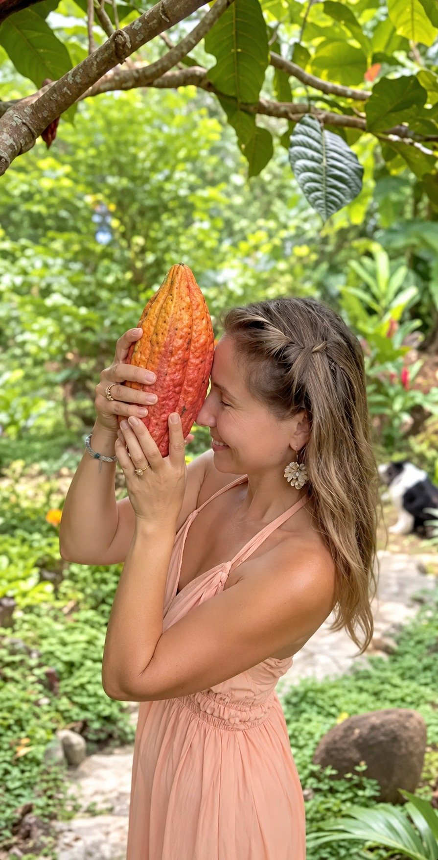 Lena Ropp in the Wilder gardens with a cacao pod