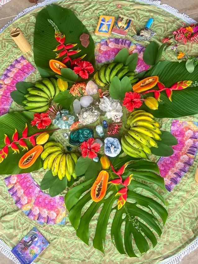 Wilder retreat welcome circle with garden fruit, flowers and crystals