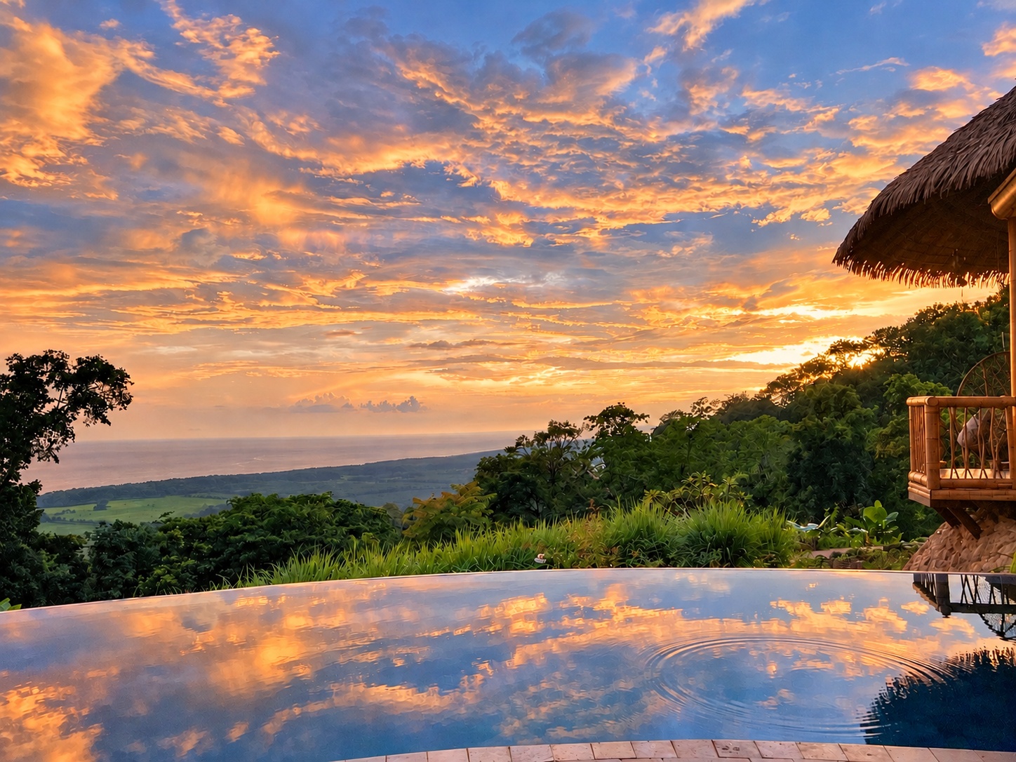 Warm sunset over the Pacific and infinity pool at Wilder Sanctuary
