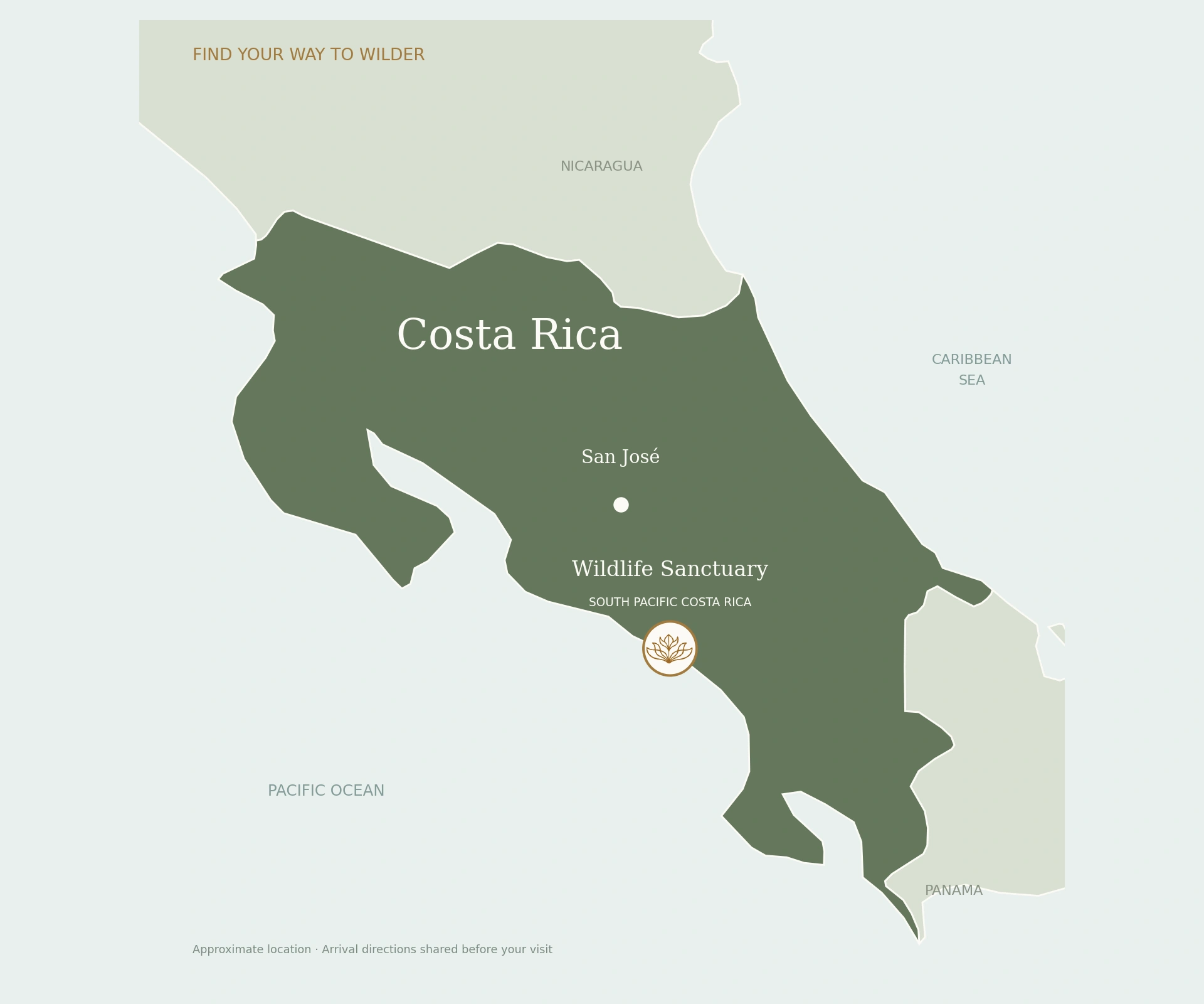 Map of Costa Rica with Wilder Sanctuary’s flower marking the Matapalo area on the South Pacific coast, and San José marked inland