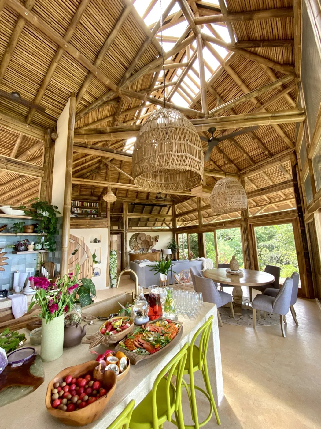 Open-air bamboo kitchen and dining space at Wilder
