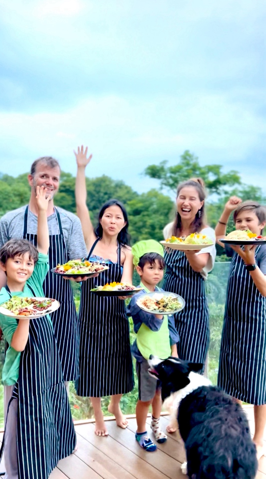 The family sharing their plant-based cooking creations